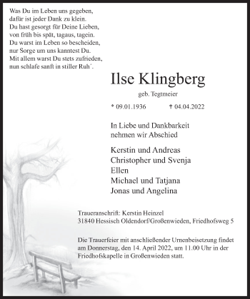 Traueranzeige von Ilse Klingberg von Deister- und Weserzeitung