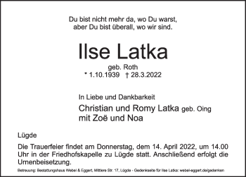 Traueranzeige von Ilse Latka von Deister- und Weserzeitung