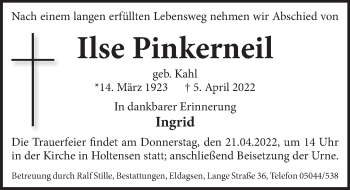 Traueranzeige von Ilse Pinkerneil von Neue Deister-Zeitung