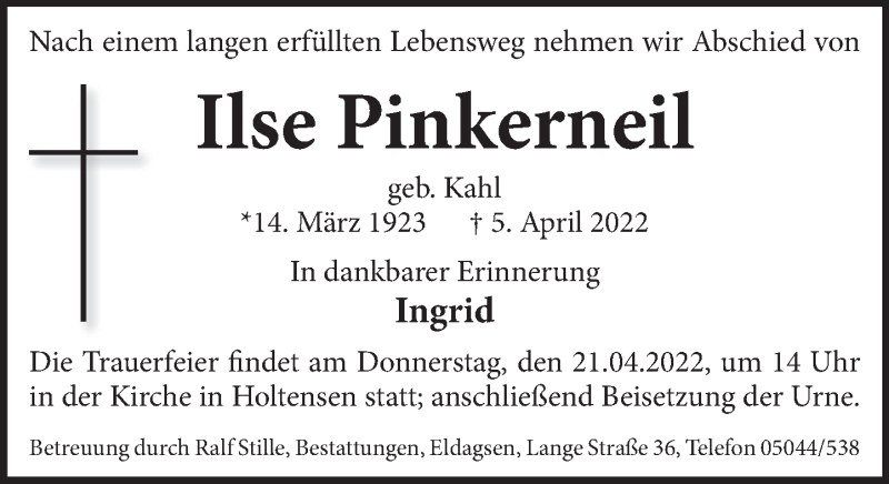  Traueranzeige für Ilse Pinkerneil vom 16.04.2022 aus Neue Deister-Zeitung