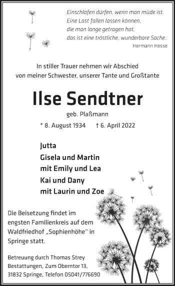 Traueranzeige von Ilse Sendtner von Neue Deister-Zeitung