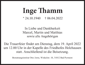 Traueranzeige von Inge Thamm von Deister- und Weserzeitung
