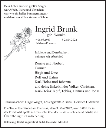 Traueranzeige von Ingrid Brunk von Deister- und Weserzeitung