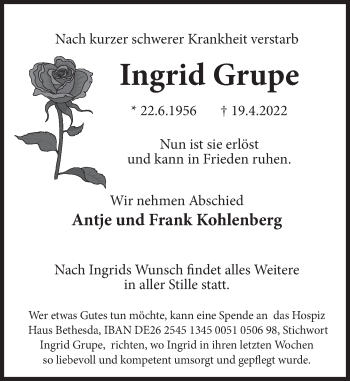 Traueranzeige von Ingrid Grupe von Deister- und Weserzeitung