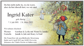 Traueranzeige von Ingrid Kater von Deister- und Weserzeitung