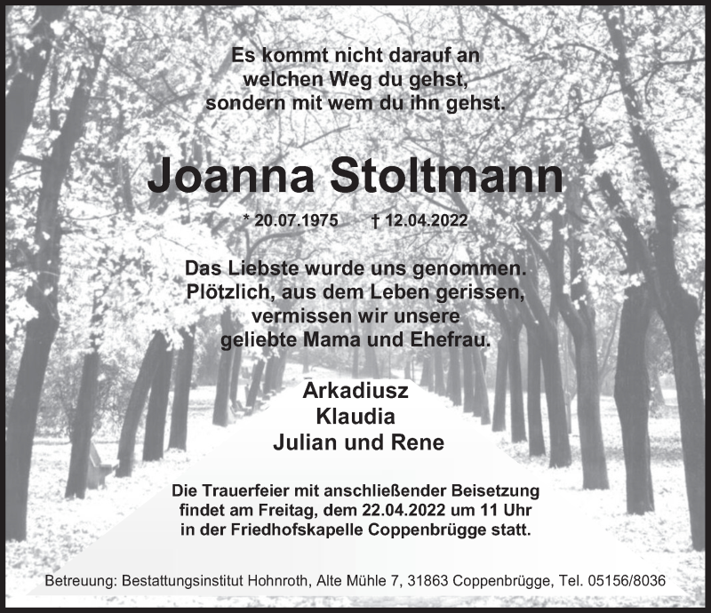  Traueranzeige für Joanna Stoltmann vom 20.04.2022 aus Deister- und Weserzeitung