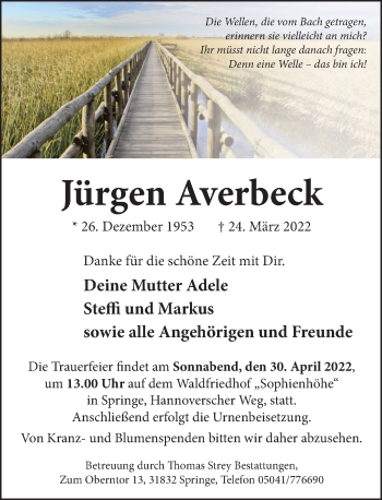 Traueranzeige von Jürgen Averbeck von Neue Deister-Zeitung