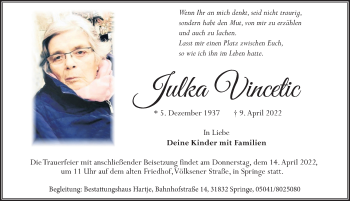 Traueranzeige von Julka Vincetic von Neue Deister-Zeitung