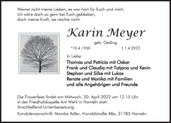 Traueranzeige von Karin Meyer von Deister- und Weserzeitung