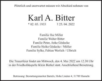 Traueranzeige von Karl  Bitter von Deister- und Weserzeitung