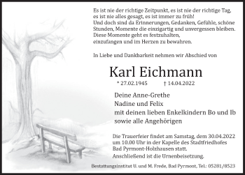 Traueranzeige von Karl Eichmann von Deister- und Weserzeitung