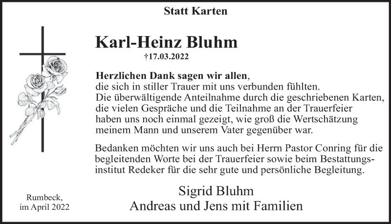  Traueranzeige für Karl-Heinz Bluhm vom 23.04.2022 aus Deister- und Weserzeitung