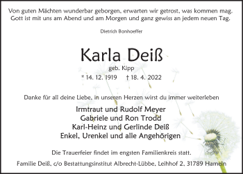Traueranzeige von Karla Deiß von Deister- und Weserzeitung