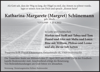 Traueranzeige von Katharina-Margret Schünemann von Deister- und Weserzeitung