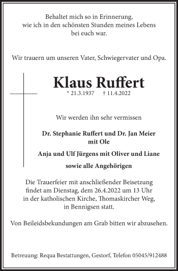 Traueranzeige von Klaus Ruffert von Neue Deister-Zeitung