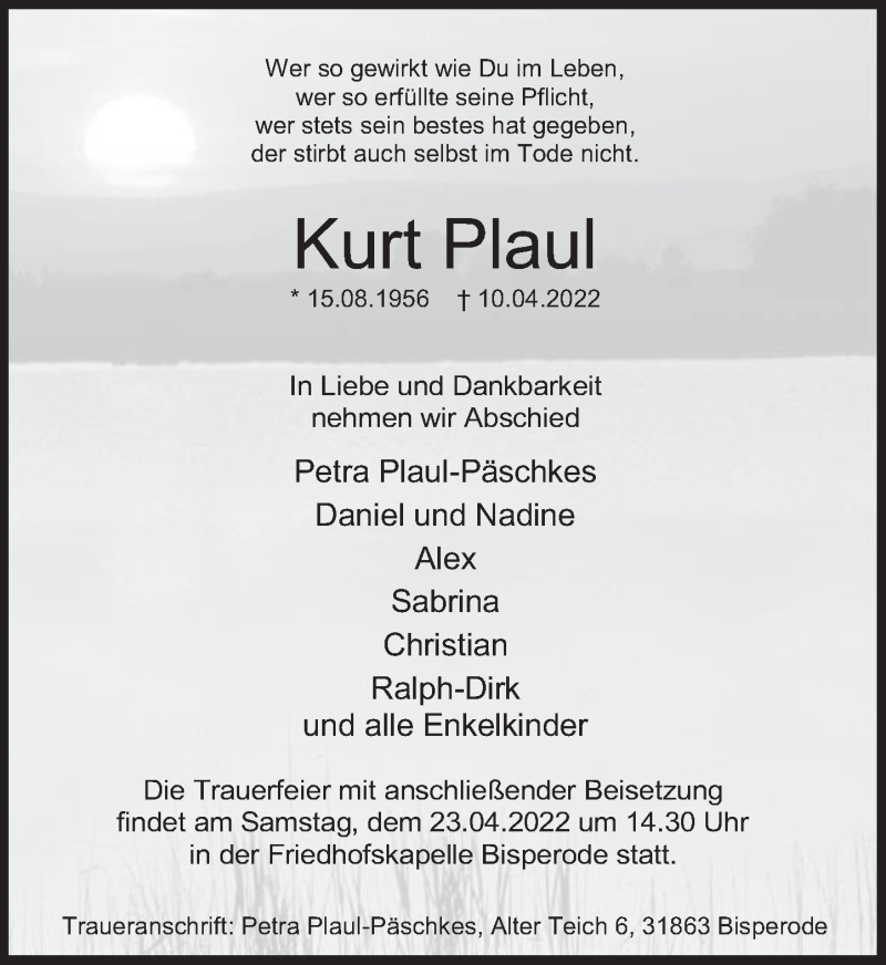  Traueranzeige für Kurt Plaul vom 20.04.2022 aus Deister- und Weserzeitung