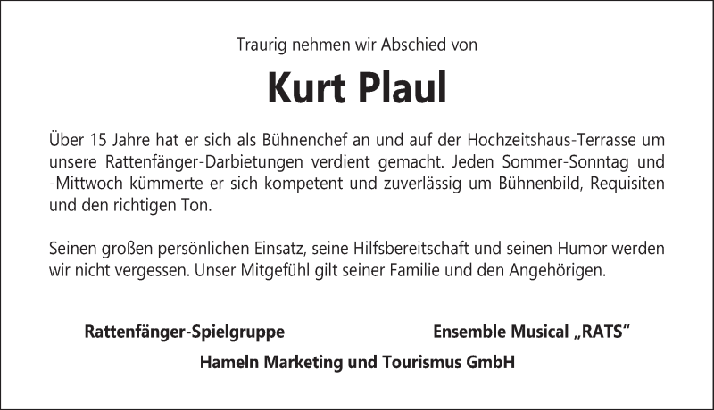  Traueranzeige für Kurt Plaul vom 20.04.2022 aus Deister- und Weserzeitung