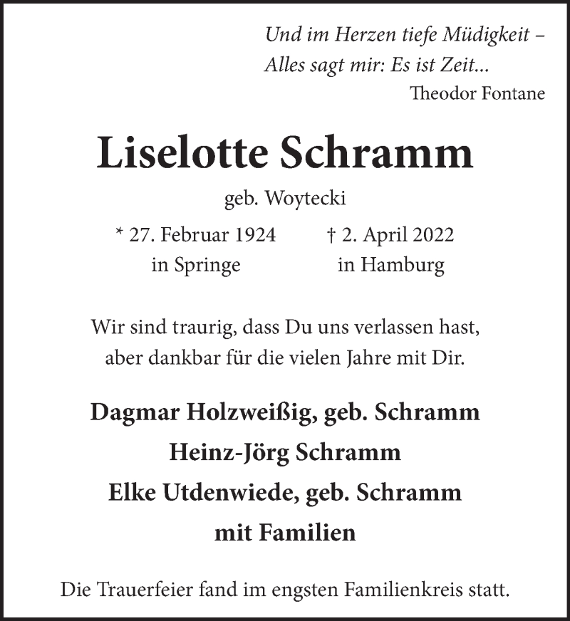  Traueranzeige für Liselotte Schramm vom 23.04.2022 aus Neue Deister-Zeitung