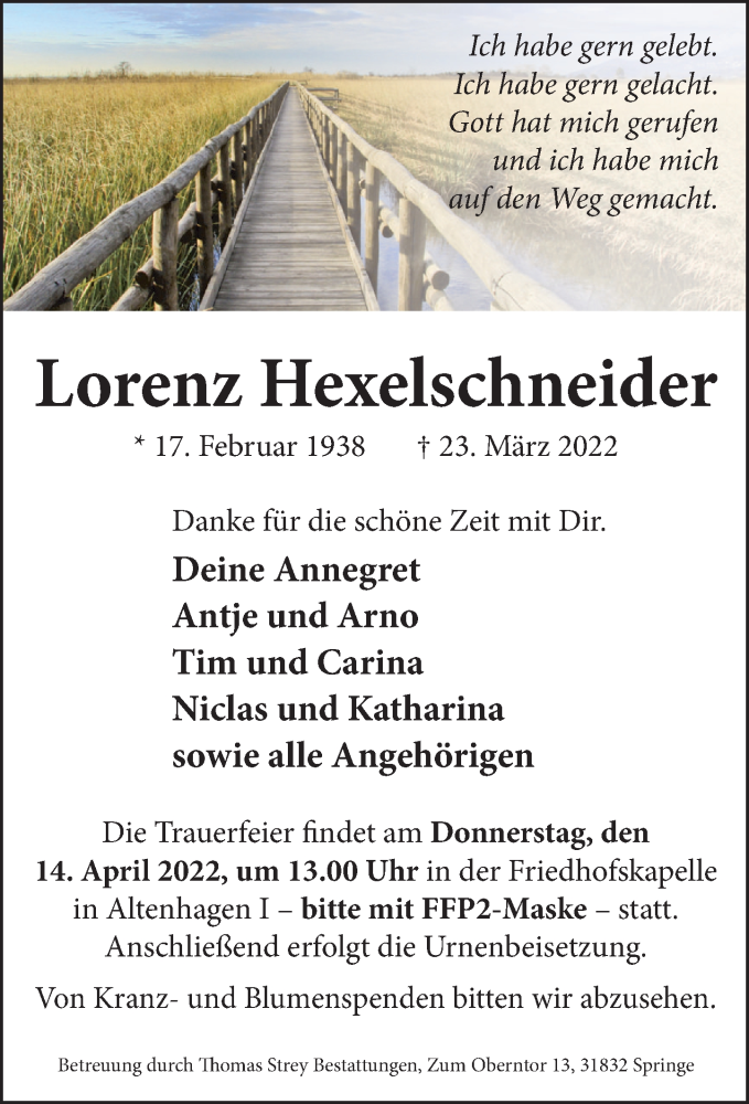  Traueranzeige für Lorenz Hexelschneider vom 09.04.2022 aus Neue Deister-Zeitung