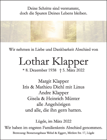 Traueranzeige von Lothar Klapper von Deister- und Weserzeitung