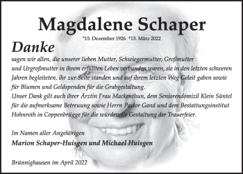 Traueranzeige von Magdalene Schaper von Deister- und Weserzeitung