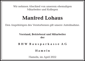 Traueranzeige von Manfred Lohaus von Deister- und Weserzeitung