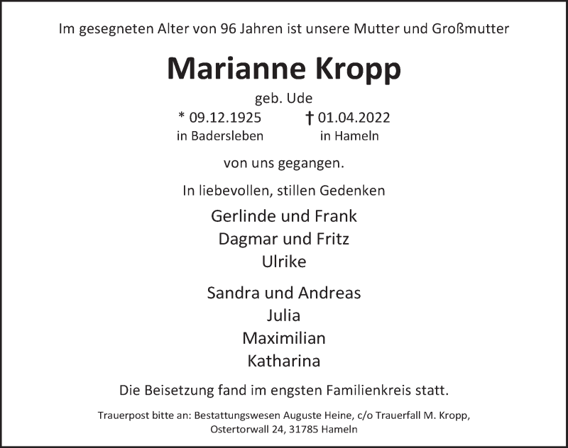  Traueranzeige für Marianne Kropp vom 23.04.2022 aus Deister- und Weserzeitung