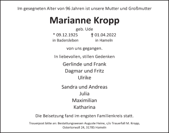Traueranzeige von Marianne Kropp von Deister- und Weserzeitung