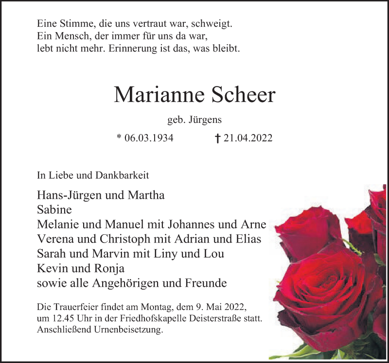  Traueranzeige für Marianne Scheer vom 30.04.2022 aus Deister- und Weserzeitung