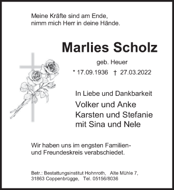 Traueranzeige von Marlies Scholz von Deister- und Weserzeitung