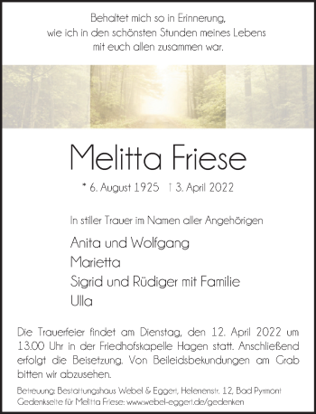 Traueranzeige von Melitta Friese von Deister- und Weserzeitung