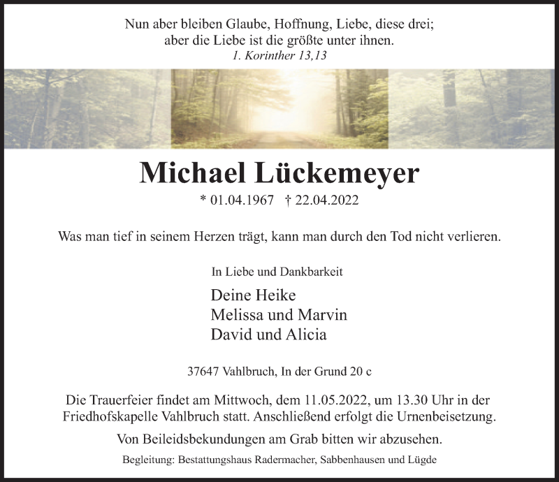  Traueranzeige für Michael Lückemeyer vom 29.04.2022 aus Deister- und Weserzeitung
