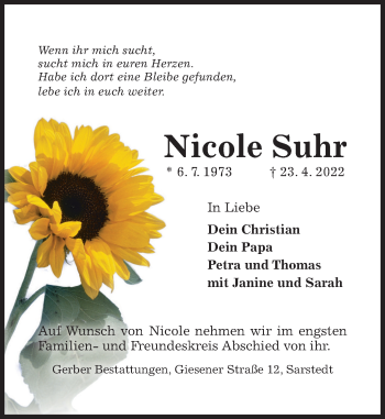 Traueranzeige von Nicole Suhr von Deister- und Weserzeitung