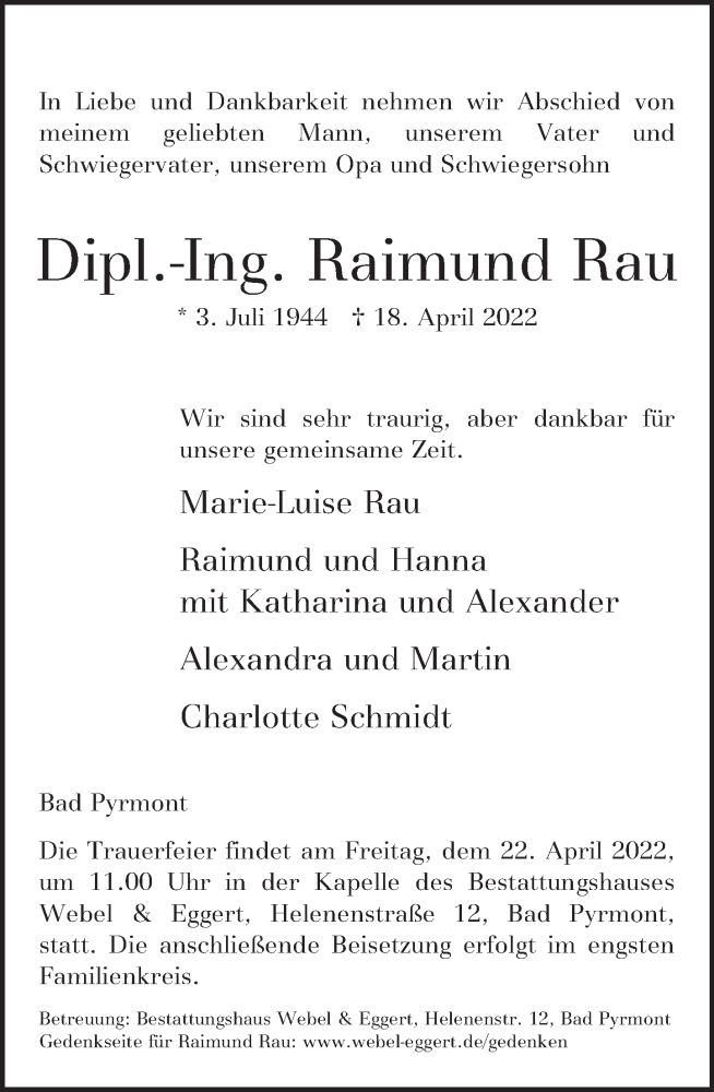  Traueranzeige für Raimund Rau vom 21.04.2022 aus Deister- und Weserzeitung