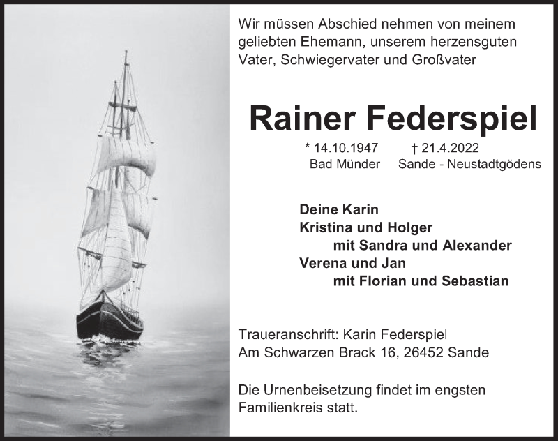  Traueranzeige für Rainer Federspiel vom 30.04.2022 aus Deister- und Weserzeitung