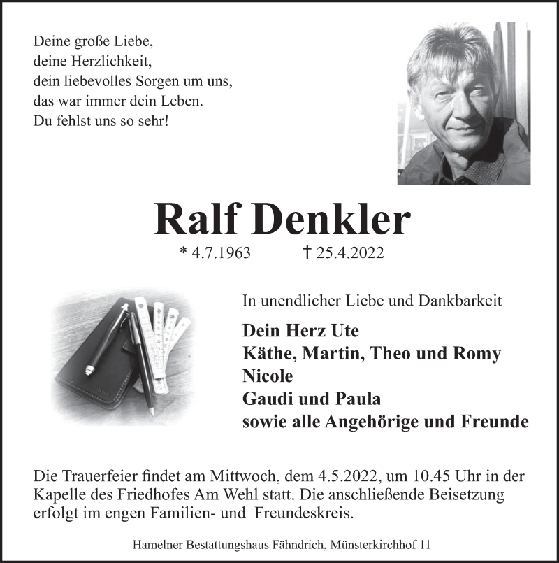  Traueranzeige für Ralf Denkler vom 30.04.2022 aus Deister- und Weserzeitung