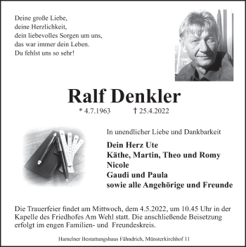 Traueranzeige von Ralf Denkler von Deister- und Weserzeitung