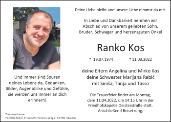 Traueranzeige von Ranko Kos von Deister- und Weserzeitung
