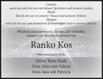 Traueranzeige von Ranko Kos von Deister- und Weserzeitung