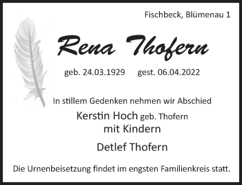 Traueranzeige von Rena Thofern von Deister- und Weserzeitung