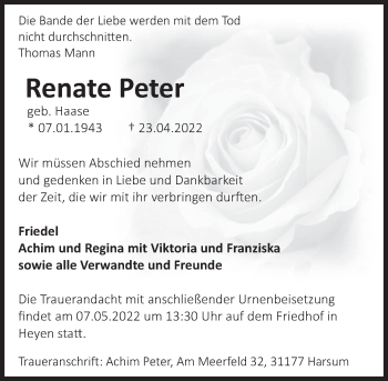 Traueranzeige von Renate Peter von Deister- und Weserzeitung
