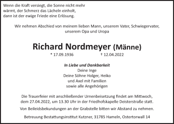 Traueranzeige von Richard Nordmeyer von Deister- und Weserzeitung