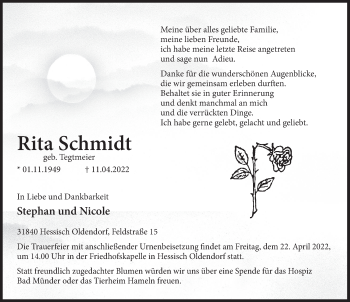 Traueranzeige von Rita Schmidt von Deister- und Weserzeitung