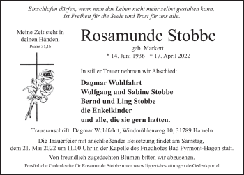 Traueranzeige von Rosamunde Stobbe von Deister- und Weserzeitung