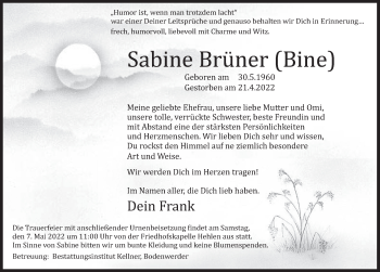 Traueranzeige von Sabine Brüner von Deister- und Weserzeitung