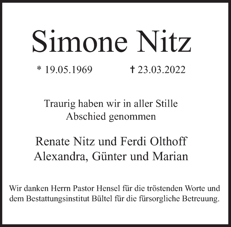  Traueranzeige für Simone Nitz vom 09.04.2022 aus Deister- und Weserzeitung