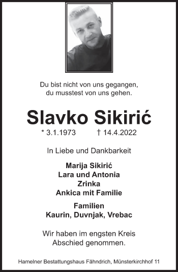 Traueranzeige von Slavko Sikiric von Deister- und Weserzeitung