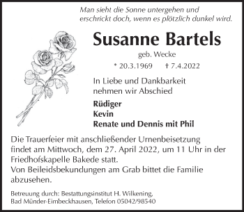 Traueranzeige von Susanne Bartels von Neue Deister-Zeitung