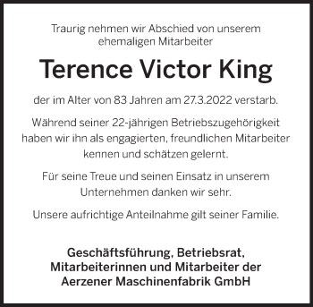 Traueranzeige von Terence Victor King von Deister- und Weserzeitung