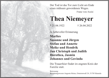 Traueranzeige von Thea Niemeyer von Deister- und Weserzeitung
